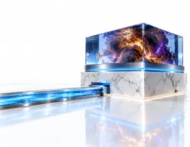 Layered marble and sapphire backup structure with amber and purple threat flow isolated by a blue-edged titanium barrier.