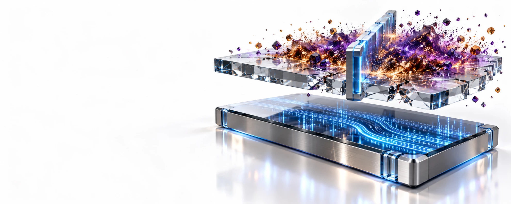 Split-level platforms with restored blue system flow below and fractured amber-purple data exposure above, bounded by a blue containment line.