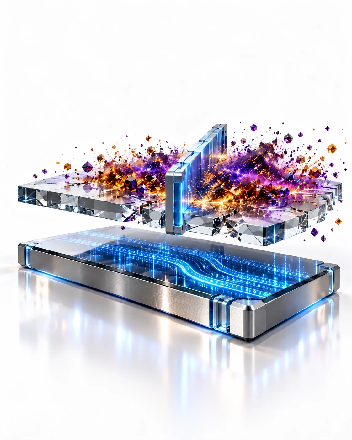 Split-level platforms with restored blue system flow below and fractured amber-purple data exposure above, bounded by a blue containment line.