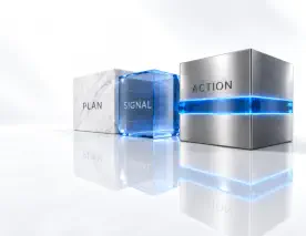Plan, Signal and Action blocks with a blue containment band illustrating cyber incident readiness.