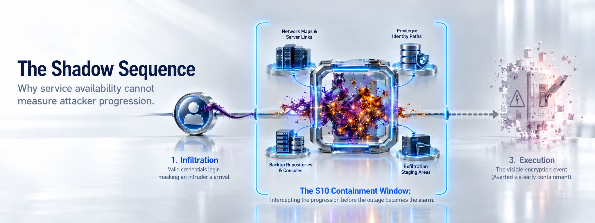A cybersecurity timeline infographic on a light white background titled The Shadow Sequence, illustrating the S10 containment window for CISOs. The visual maps a 3-step threat progression: 1. Infiltration via a valid credential login; 2. Reconnaissance, where a titanium and sapphire-glass containment cube isolates a hidden amber malware threat mapping infrastructure and hunting backups; and 3. Execution, which is grayed out and averted. A prominent neon-blue bracket emphasizes intercepting the intruder before an outage becomes the alarm.