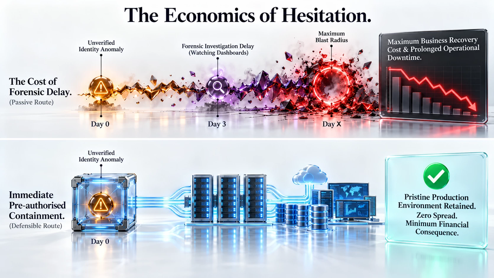 A cybersecurity risk infographic on a light background titled The Economics of Hesitation, illustrating the financial impact of operational delay for CISOs. The top row maps a passive route over a timeline from Day 0 to Day 3 and Day X, where forensic delay leads to an uncontained blast radius and maximum business recovery costs. The bottom row maps a defensible route where a titanium containment cube isolates a deep-amber malware threat at Day 0, leaving the main production environment pristine and active.