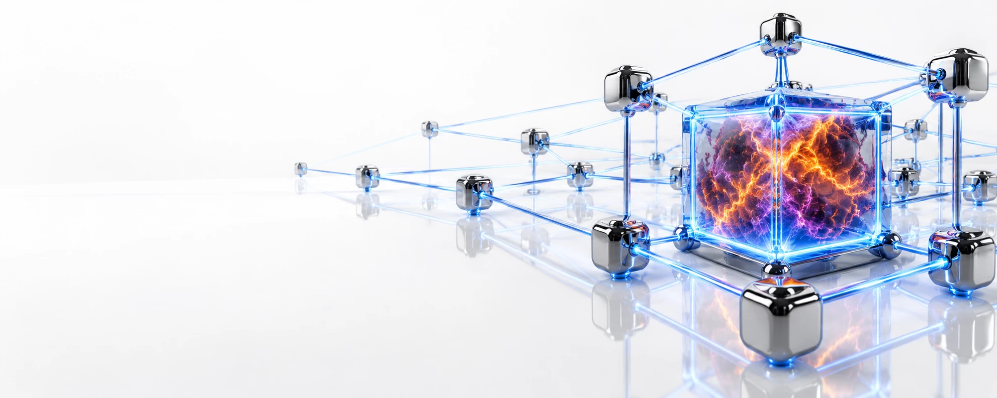 3D enterprise network with a contained cyber breach inside a glowing glass cube, showing cyber containment after prevention fails.