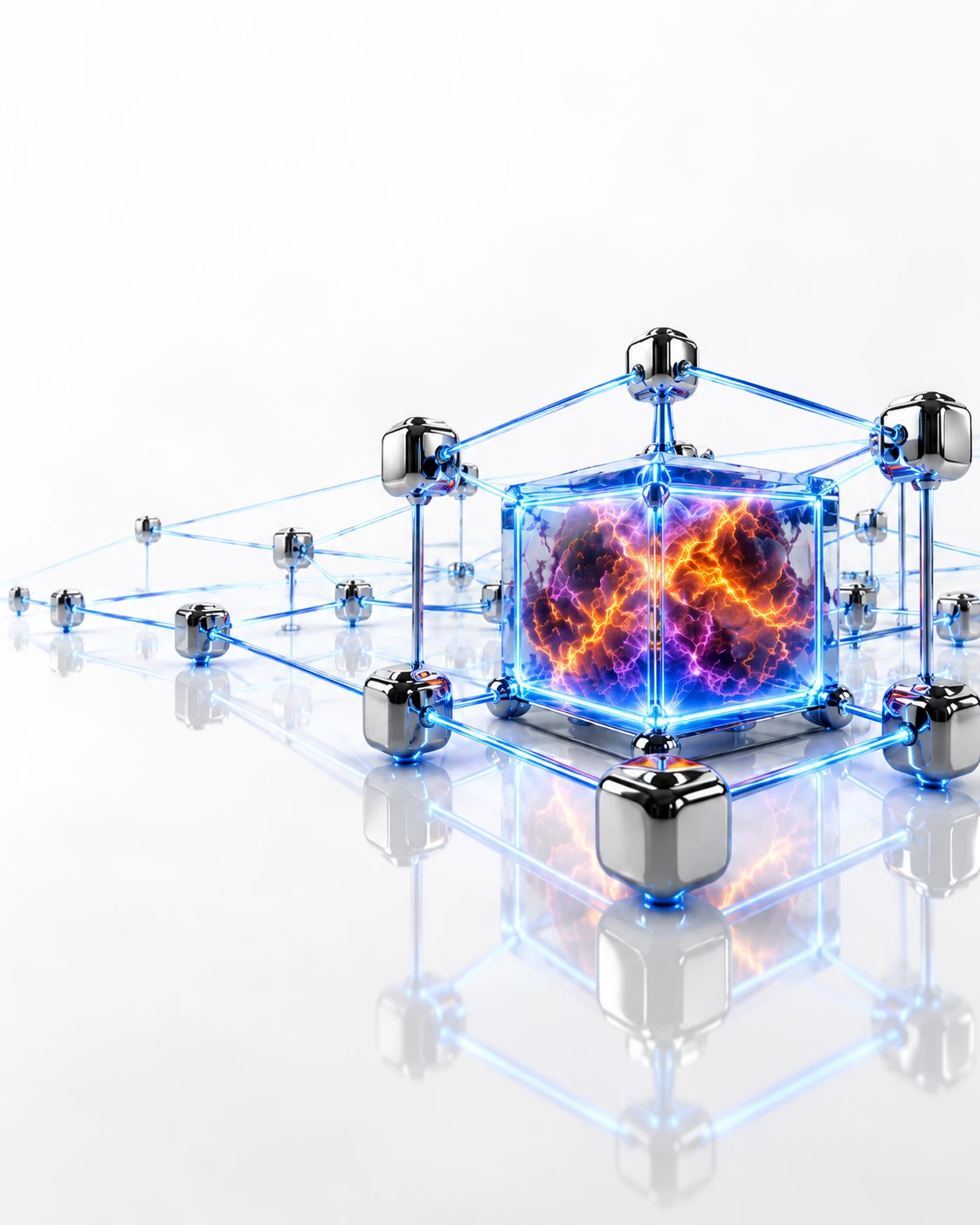 3D enterprise network with a contained cyber breach inside a glowing glass cube, showing cyber containment after prevention fails.