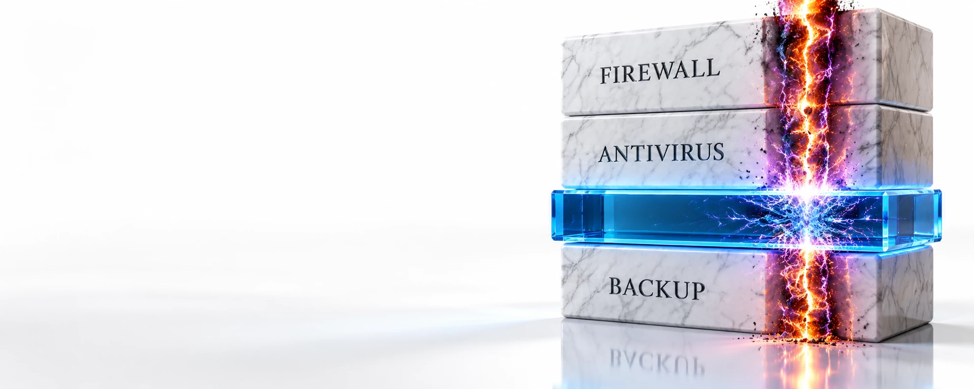 A conceptual graphic on a reflective white background illustrating the transition from traditional controls to active containment capability. A vertical stack of three horizontal white marble blocks on the right represents a firewall, antivirus, and backup architecture.