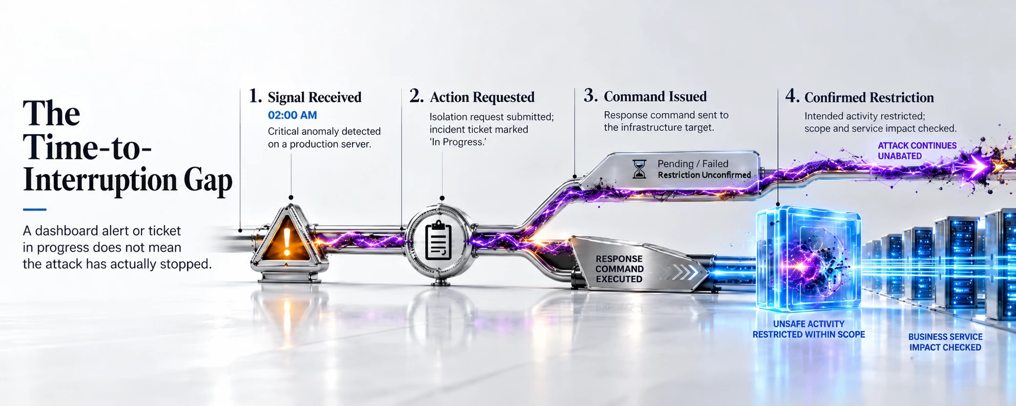 A cybersecurity timeline infographic on a light background titled The Time-to-Interruption Gap, illustrating incident response milestones for CISOs. The horizontal visual maps four distinct stages of a critical 02:00 AM server alert: Signal Received, Action Requested, Command Issued, and Confirmed Restriction. A sapphire-glass containment layer and a titanium barrier isolate a purple threat stream at the final milestone, demonstrating the difference between a pending ticket and a verified technical restriction.