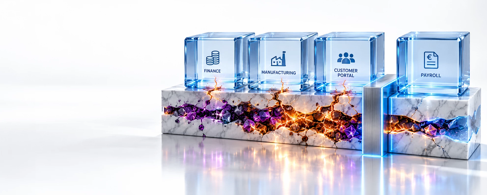 3D cybersecurity illustration showing a compromised infrastructure foundation beneath connected finance, manufacturing, customer and payroll systems, stabilised by a containment barrier.