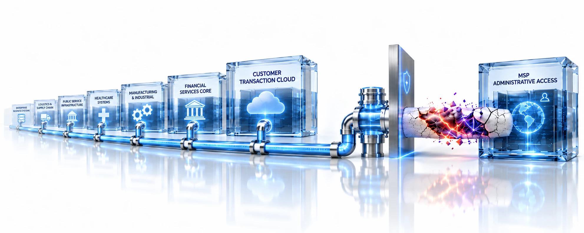 3D illustration of a cyber containment barrier blocking compromised MSP administrative access before threats reach connected customer environments.