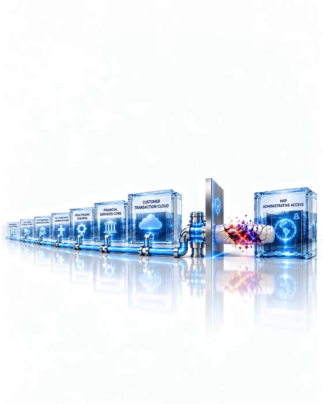 3D illustration of a cyber containment barrier blocking compromised MSP administrative access before threats reach connected customer environments.