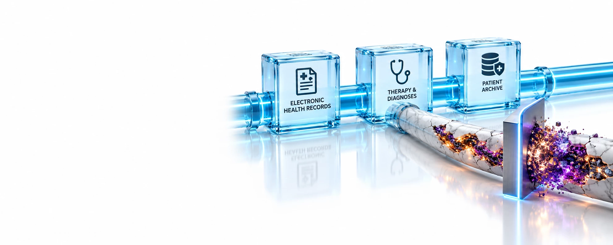 3D healthcare cybersecurity illustration showing electronic health records, therapy and diagnoses, and patient archives, with a titanium containment barrier blocking patient data exfiltration.