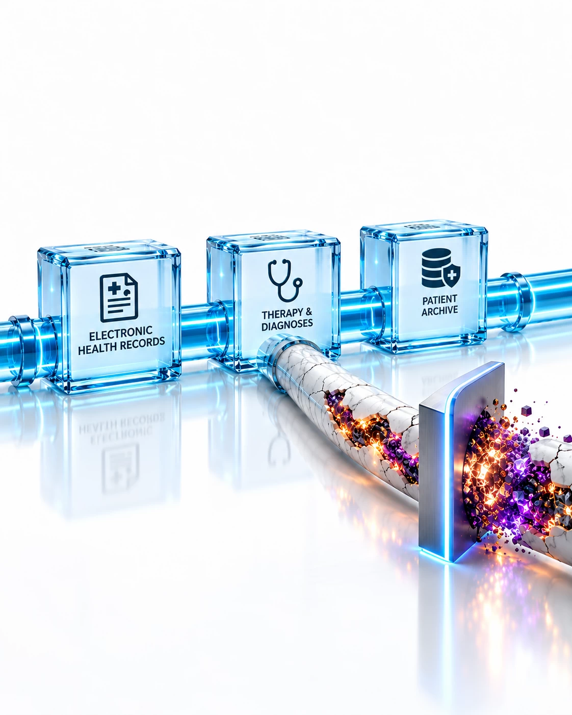 3D healthcare cybersecurity illustration showing electronic health records, therapy and diagnoses, and patient archives, with a titanium containment barrier blocking patient data exfiltration.