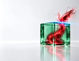 3D cybersecurity visual of a green sapphire-glass security cube containing a red cyber threat stream, intercepted by a bright blue containment line.