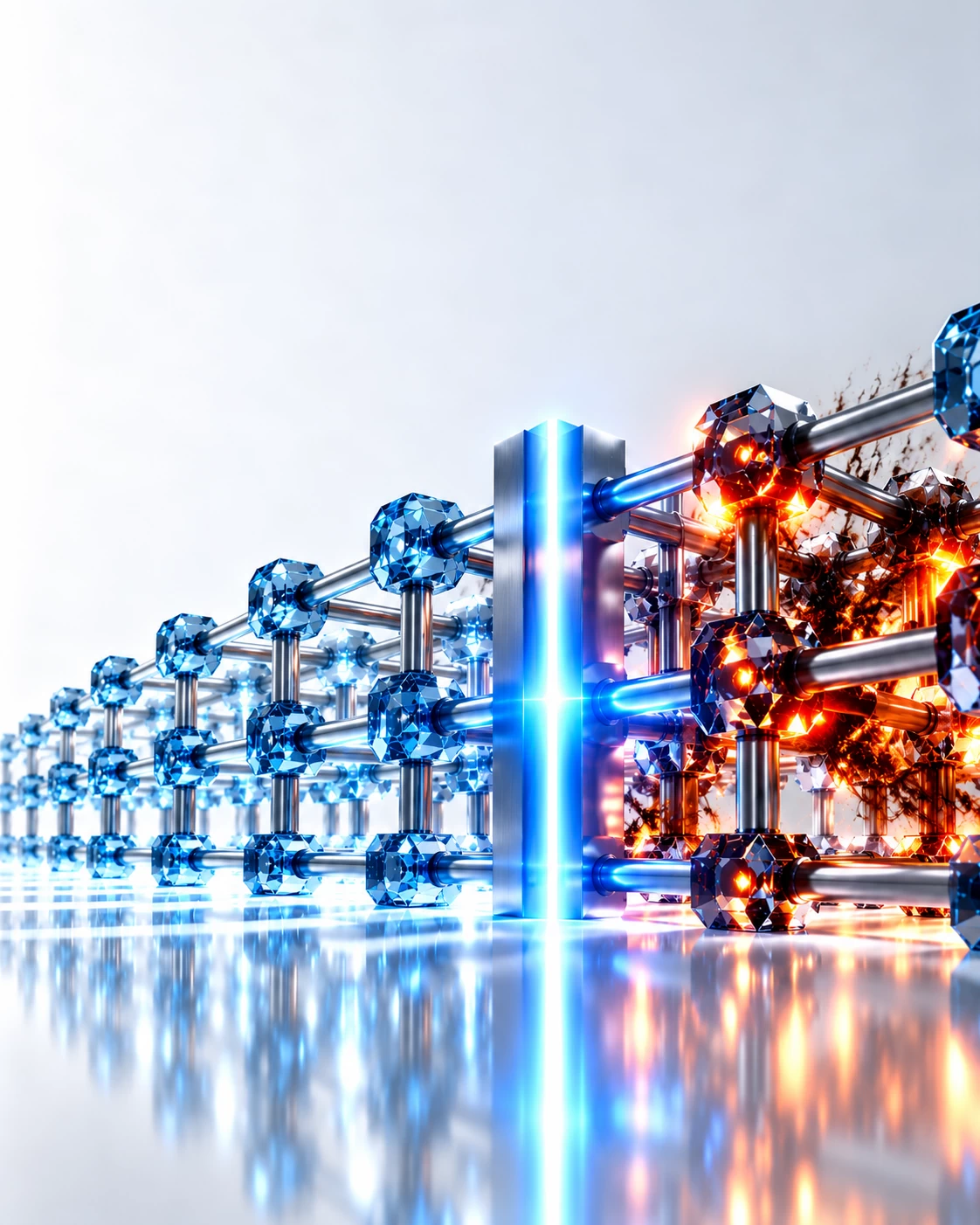 3D cybersecurity visual of a sapphire-glass and silver lattice with amber threats hidden in functioning nodes, isolated by a blue containment line.