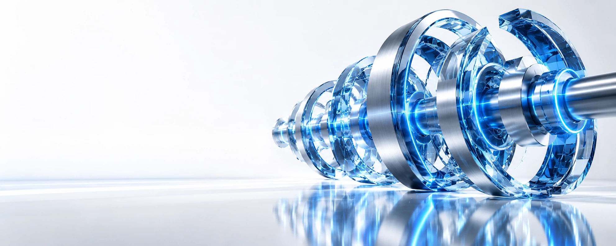 3D cyber incident governance visual showing misaligned sapphire-glass and silver rings secured by titanium rods with luminous blue containment seams.
