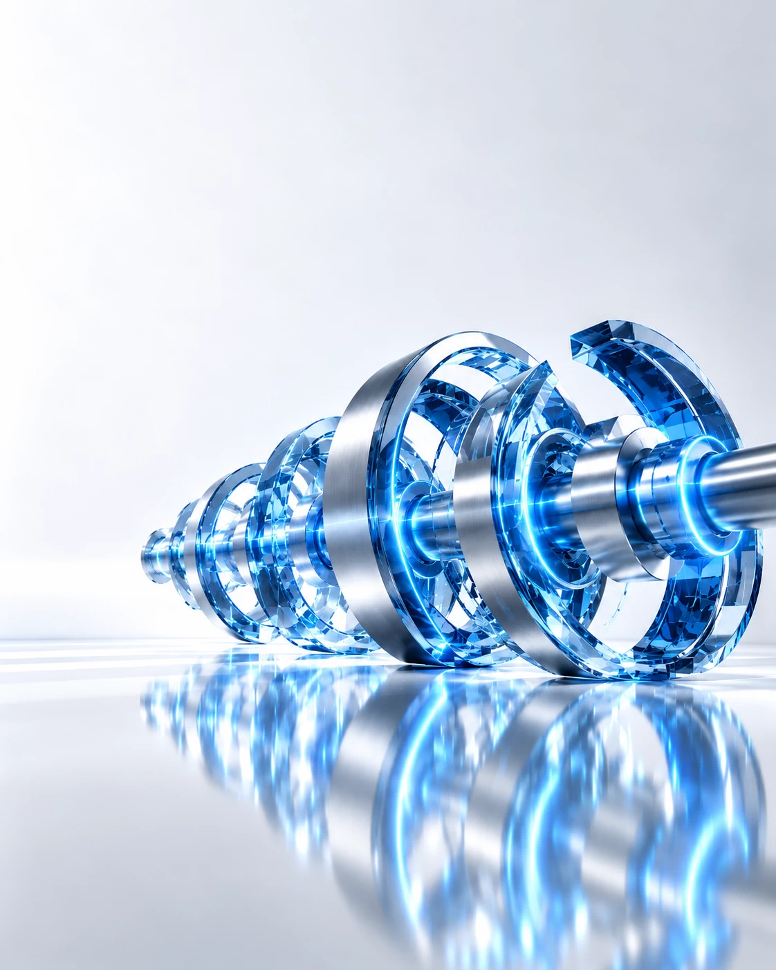 3D cyber incident governance visual showing misaligned sapphire-glass and silver rings secured by titanium rods with luminous blue containment seams.
