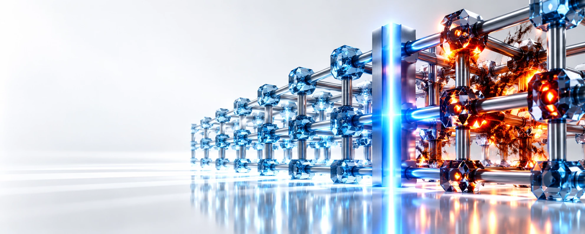 3D cybersecurity visual of a sapphire-glass and silver lattice with amber threats hidden in functioning nodes, isolated by a blue containment line.