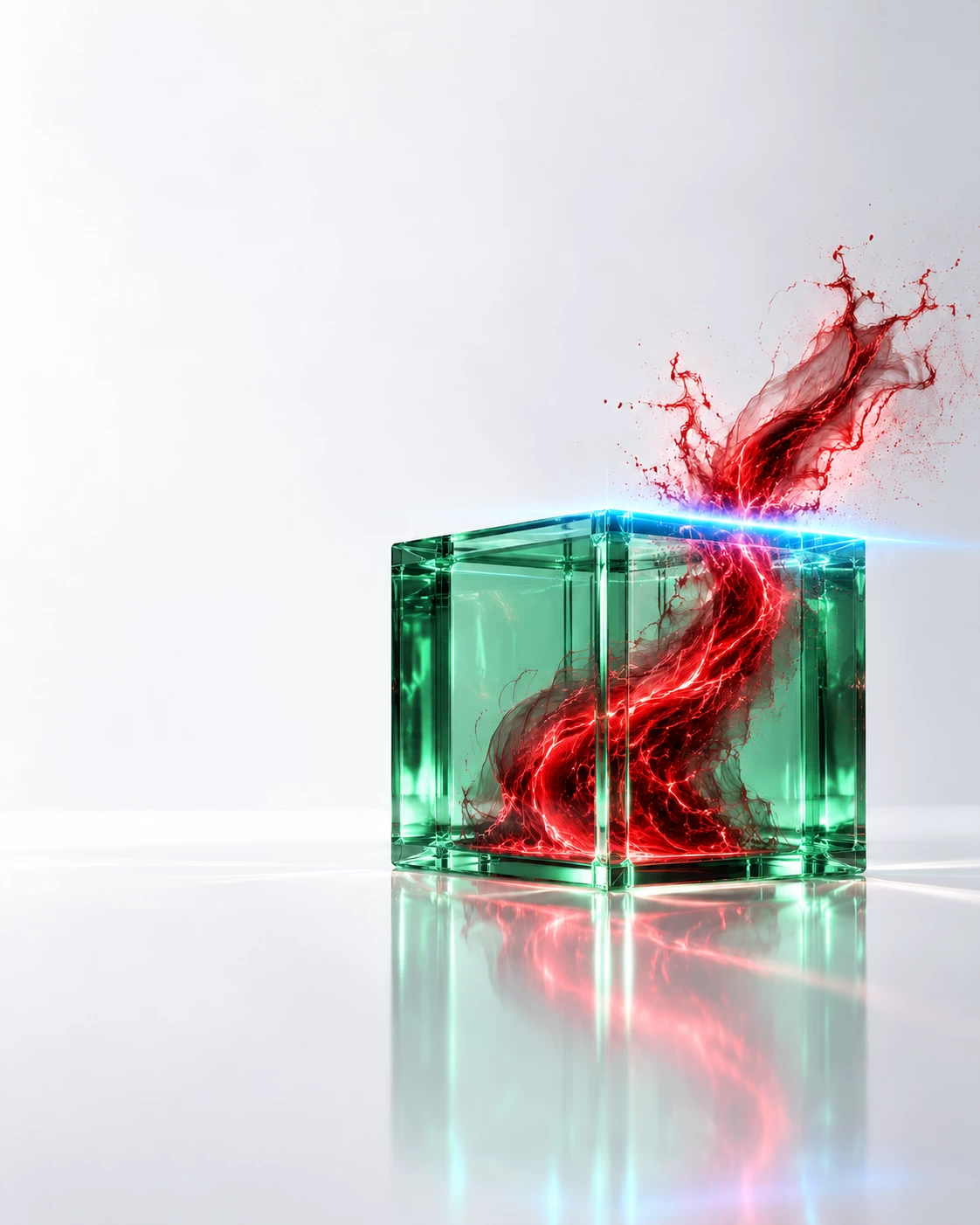 3D cybersecurity visual of a green sapphire-glass security cube containing a red cyber threat stream, intercepted by a bright blue containment line.