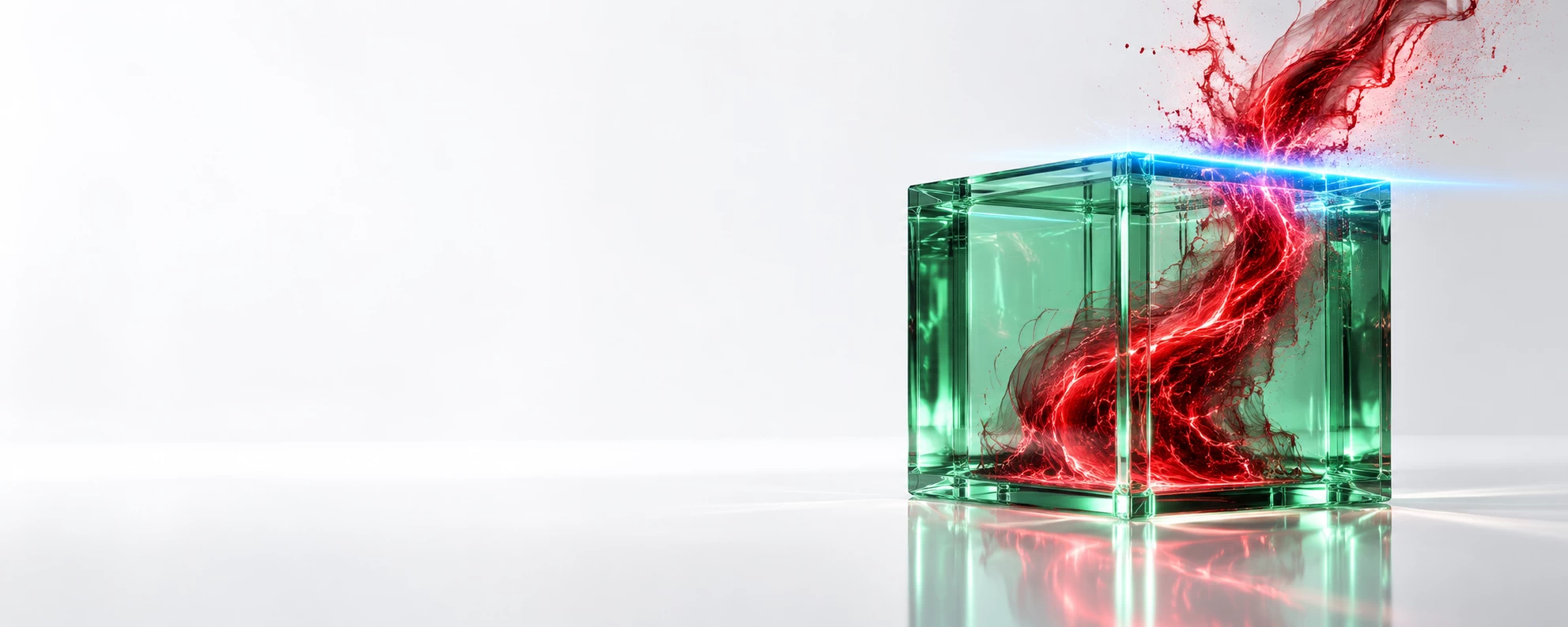 3D cybersecurity visual of a green sapphire-glass security cube containing a red cyber threat stream, intercepted by a bright blue containment line.