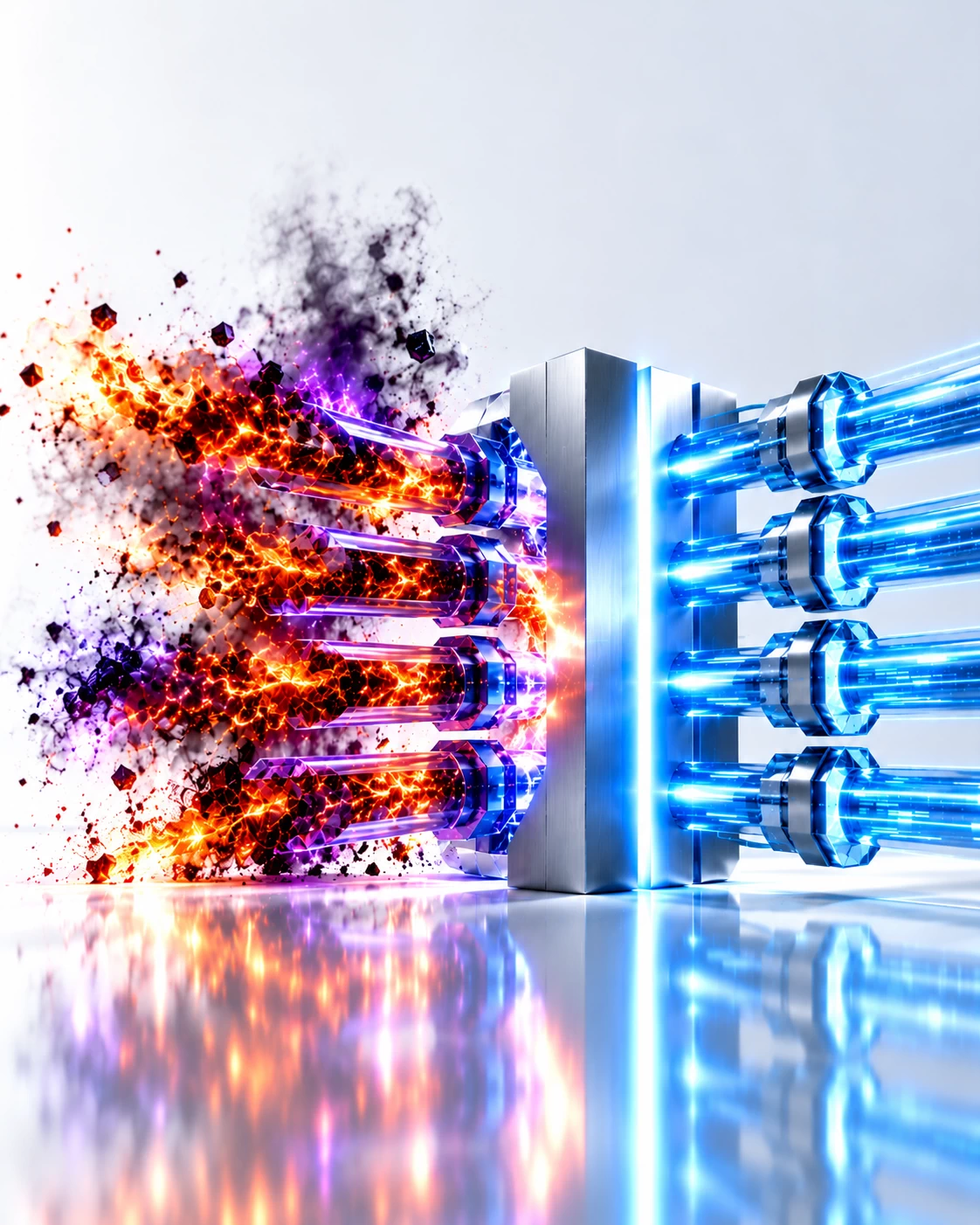 3D cyber resilience hub visual with five sapphire-glass pathways feeding a titanium containment prism that transforms threat energy into calm blue streams.