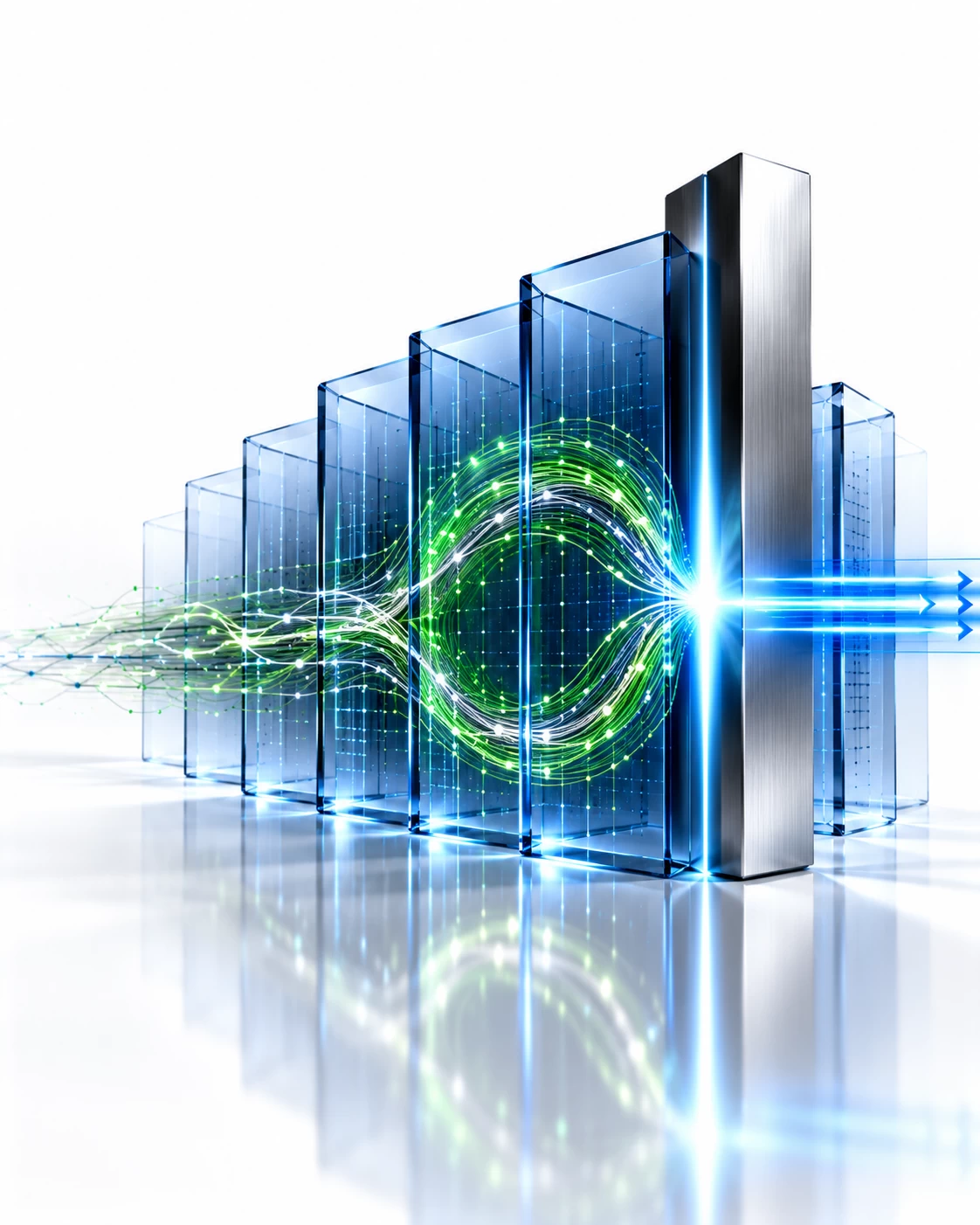 3D cybersecurity illustration of monitoring signals looping through sapphire-glass panels before a titanium containment barrier transforms them into a blue action arrow.