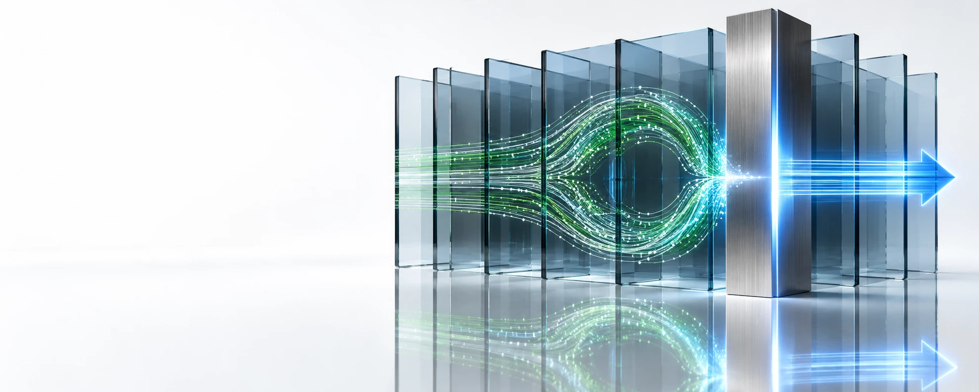 3D cybersecurity illustration of monitoring signals looping through sapphire-glass panels before a titanium containment barrier transforms them into a blue action arrow.