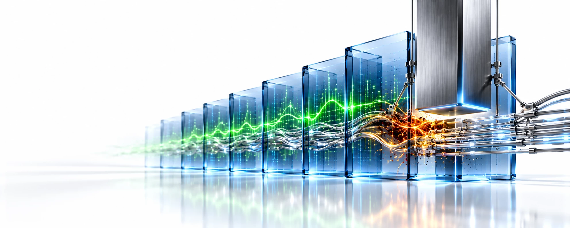 3D cybersecurity illustration showing a green threat-detection signal, amber malicious activity and a suspended titanium containment barrier above critical business data flows.