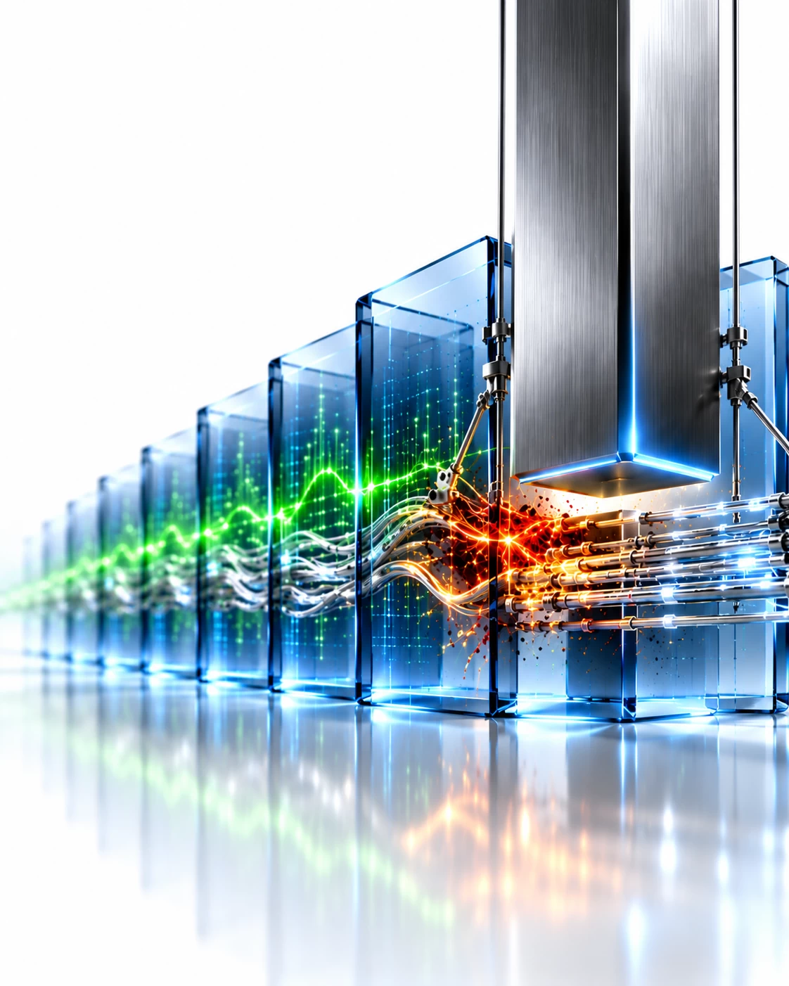 3D cybersecurity illustration showing a green threat-detection signal, amber malicious activity and a suspended titanium containment barrier above critical business data flows.