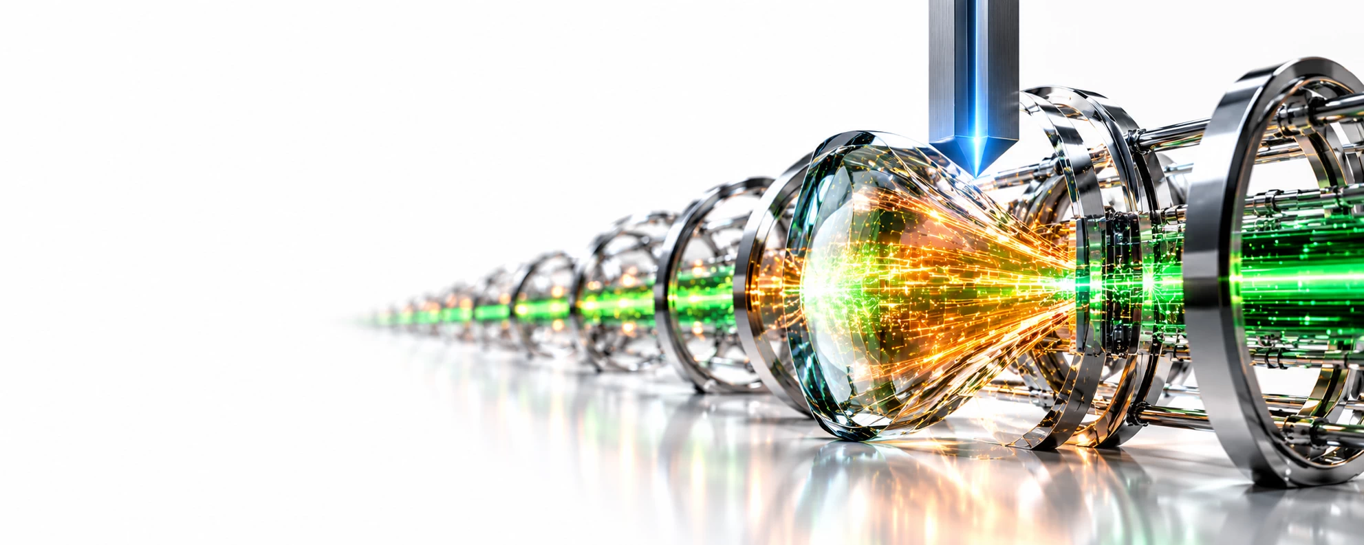 Green and amber streams widen through a glass lens beneath an emergency brake, illustrating control of automated cyber defence.