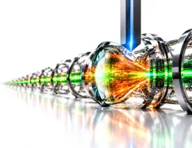 Green and amber streams widen through a glass lens beneath an emergency brake, illustrating control of automated cyber defence.