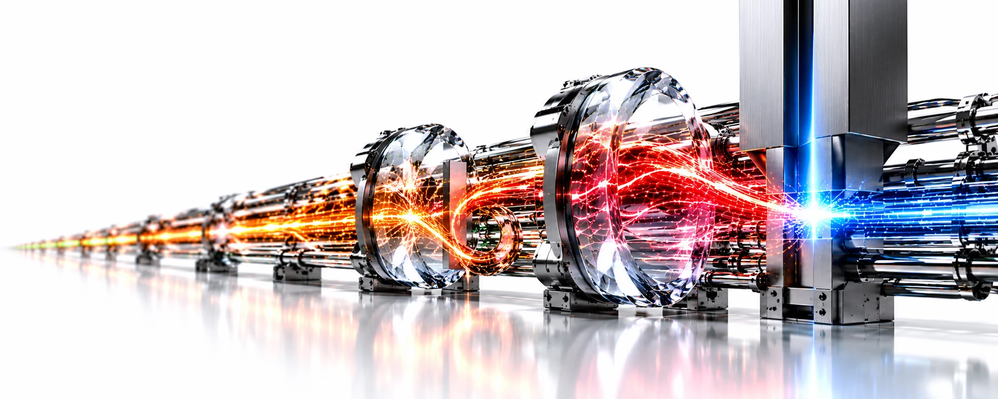 Amber and red threat streams loop through glass lenses towards a blue-lit blade, illustrating agentic ransomware containment.