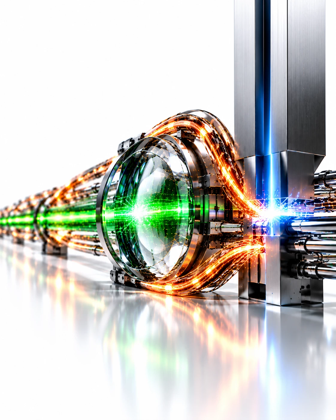 A green detection beam crosses a glass lens as amber threat streams reach a blue-lit containment blade.