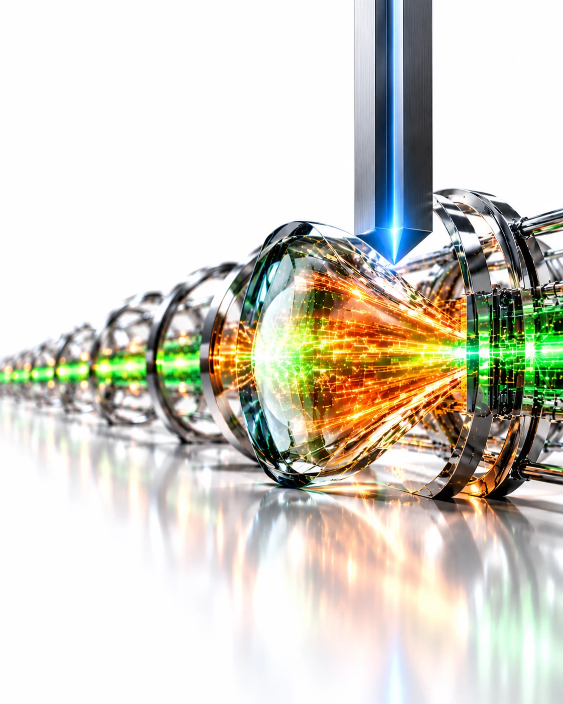 Green and amber streams widen through a glass lens beneath an emergency brake, illustrating control of automated cyber defence.