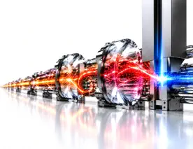 Amber and red threat streams loop through glass lenses towards a blue-lit blade, illustrating agentic ransomware containment.
