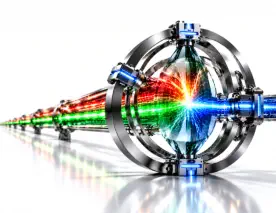Red and green streams meet in a glass prism held by blue-lit clamps, illustrating human control of AI cyber defence.