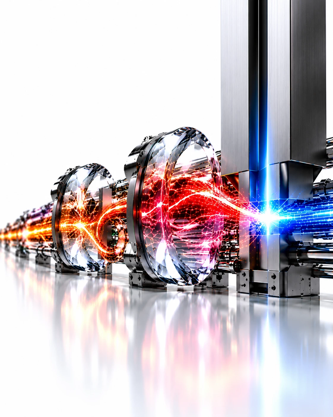 Amber and red threat streams loop through glass lenses towards a blue-lit blade, illustrating agentic ransomware containment.