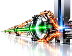 A green detection beam crosses a glass lens as amber threat streams reach a blue-lit containment blade.