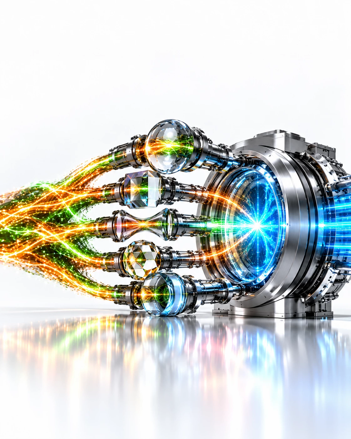 Five glass-lens channels feed amber and green streams into a blue-lit containment ring, illustrating AI cyber risk control.