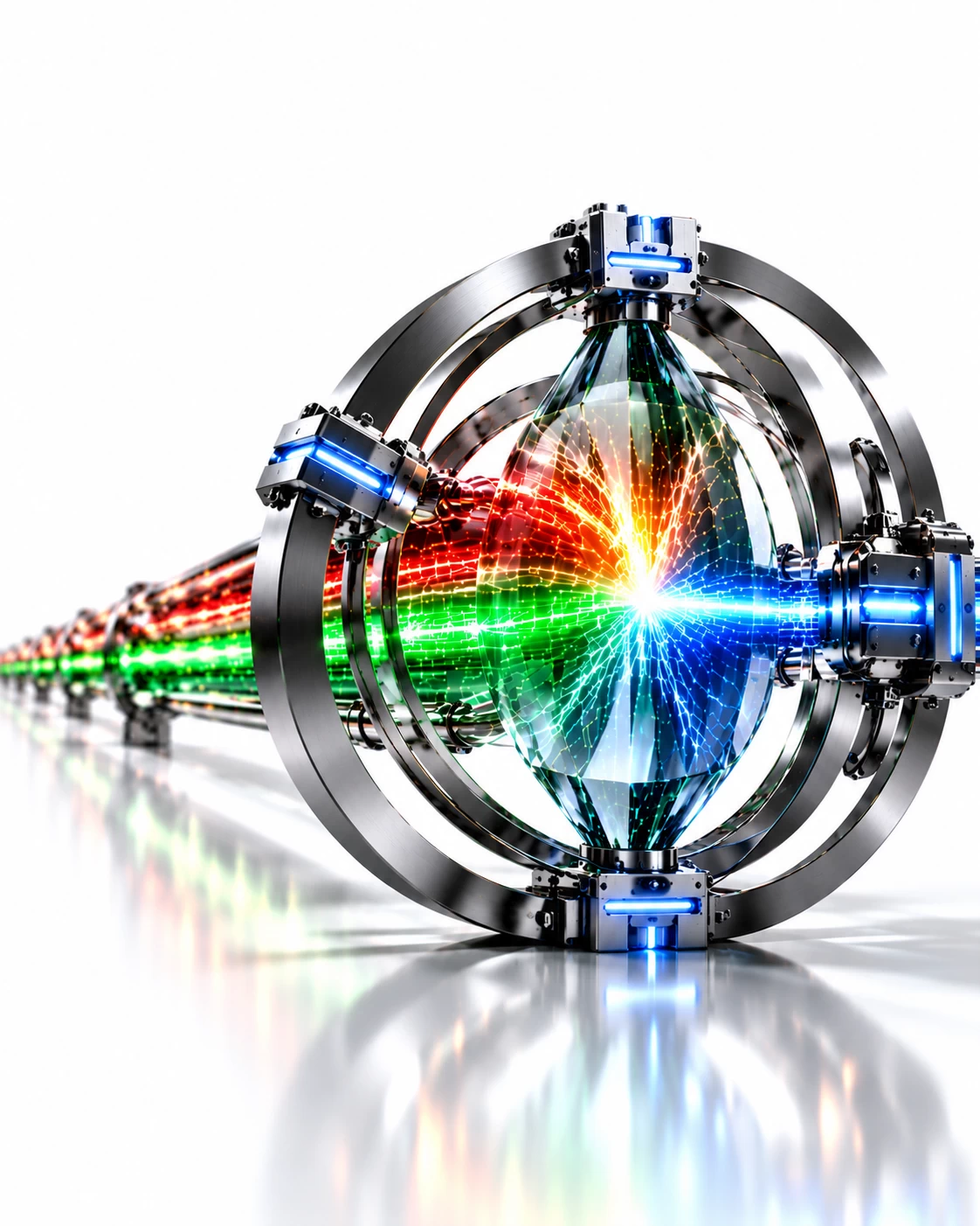 Red and green streams meet in a glass prism held by blue-lit clamps, illustrating human control of AI cyber defence.