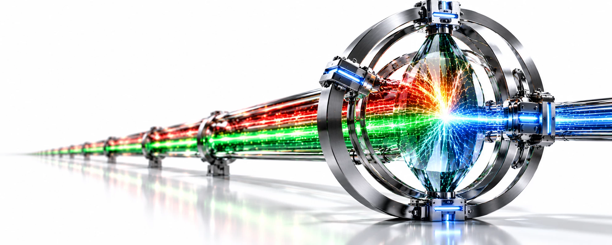 Red and green streams meet in a glass prism held by blue-lit clamps, illustrating human control of AI cyber defence.