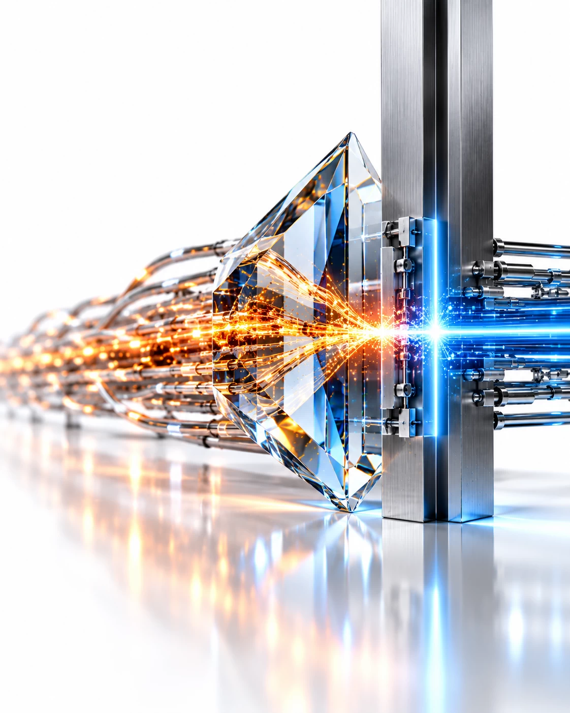Amber attack streams converge through a glass prism at a blue-lit containment gate, illustrating AI cyberattack containment.