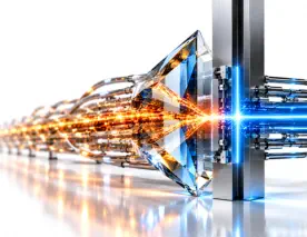 Amber attack streams converge through a glass prism at a blue-lit containment gate, illustrating AI cyberattack containment.