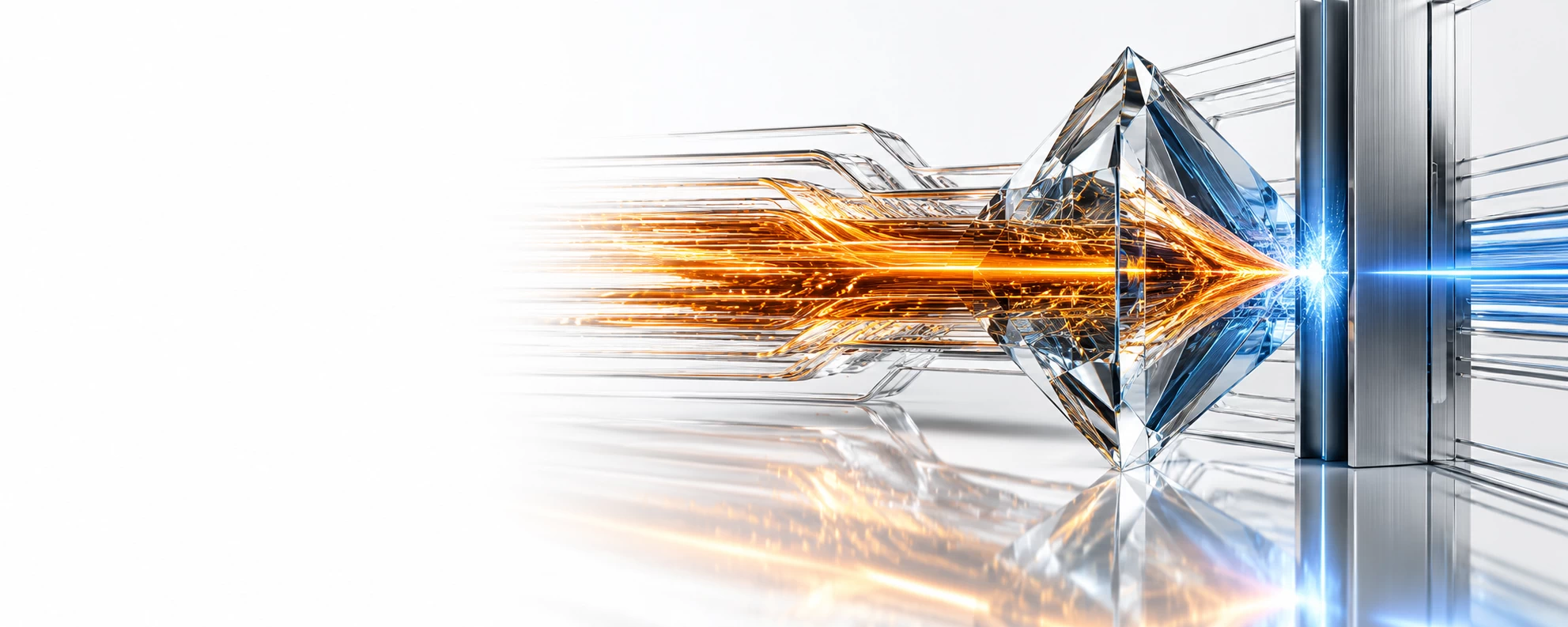 Amber attack streams converge through a glass prism at a blue-lit containment gate, illustrating AI cyberattack containment.