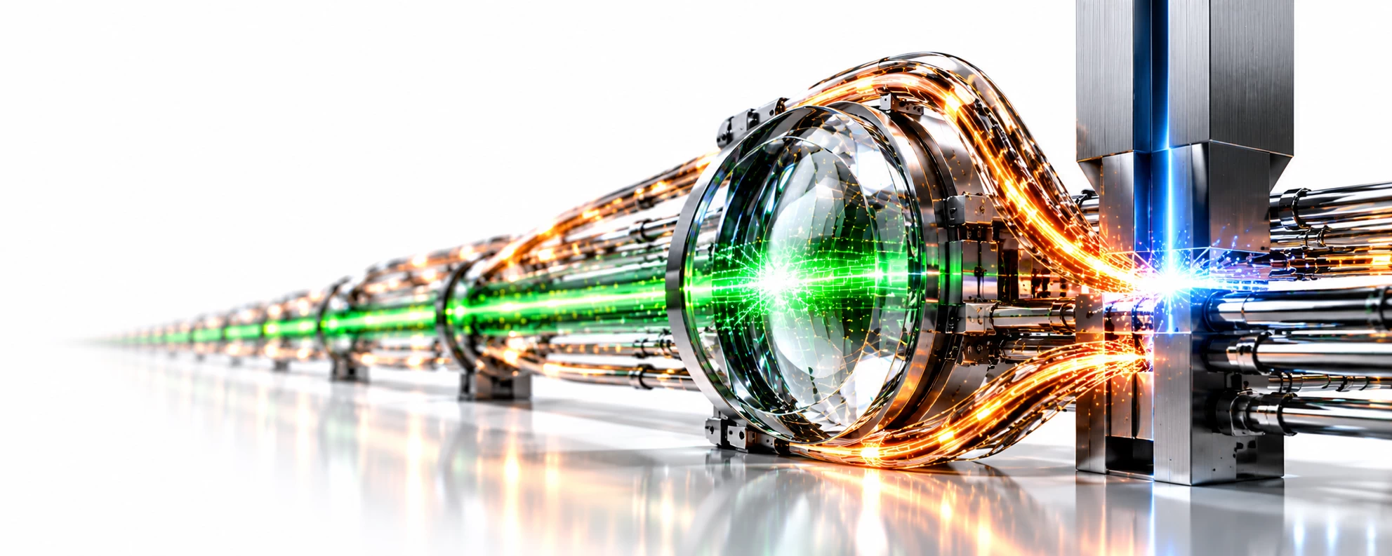 A green detection beam crosses a glass lens as amber threat streams reach a blue-lit containment blade.