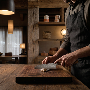 Person wearing dark apron chopping garlic on wooden cutting board in rustic kitchen, La Ferme des Drus, Chamonix-Mont-Blanc, France.