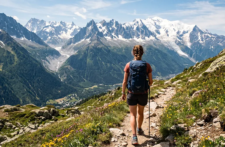 Une randonneuse avec un sac à dos marche sur un sentier en montagne entouré de fleurs et sommets enneigés, La Ferme des Drus, Chamonix-Mont-Blanc, France.