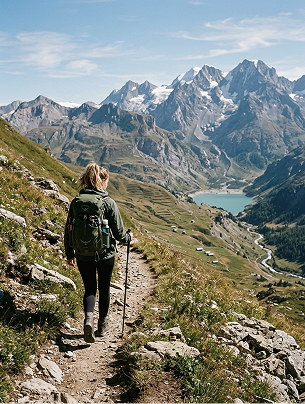 Randonneuse sur un sentier de montagne avec un lac et des sommets enneigés en arrière-plan, La Ferme des Drus, Chamonix-Mont-Blanc, France.