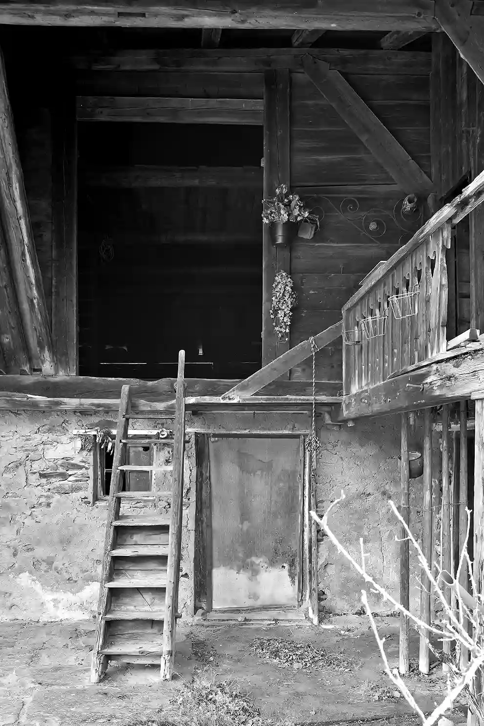 Vieille échelle en bois menant à une porte en bois dans une structure rustique avec des fleurs suspendues, La Ferme des Drus, Chamonix-Mont-Blanc, France.