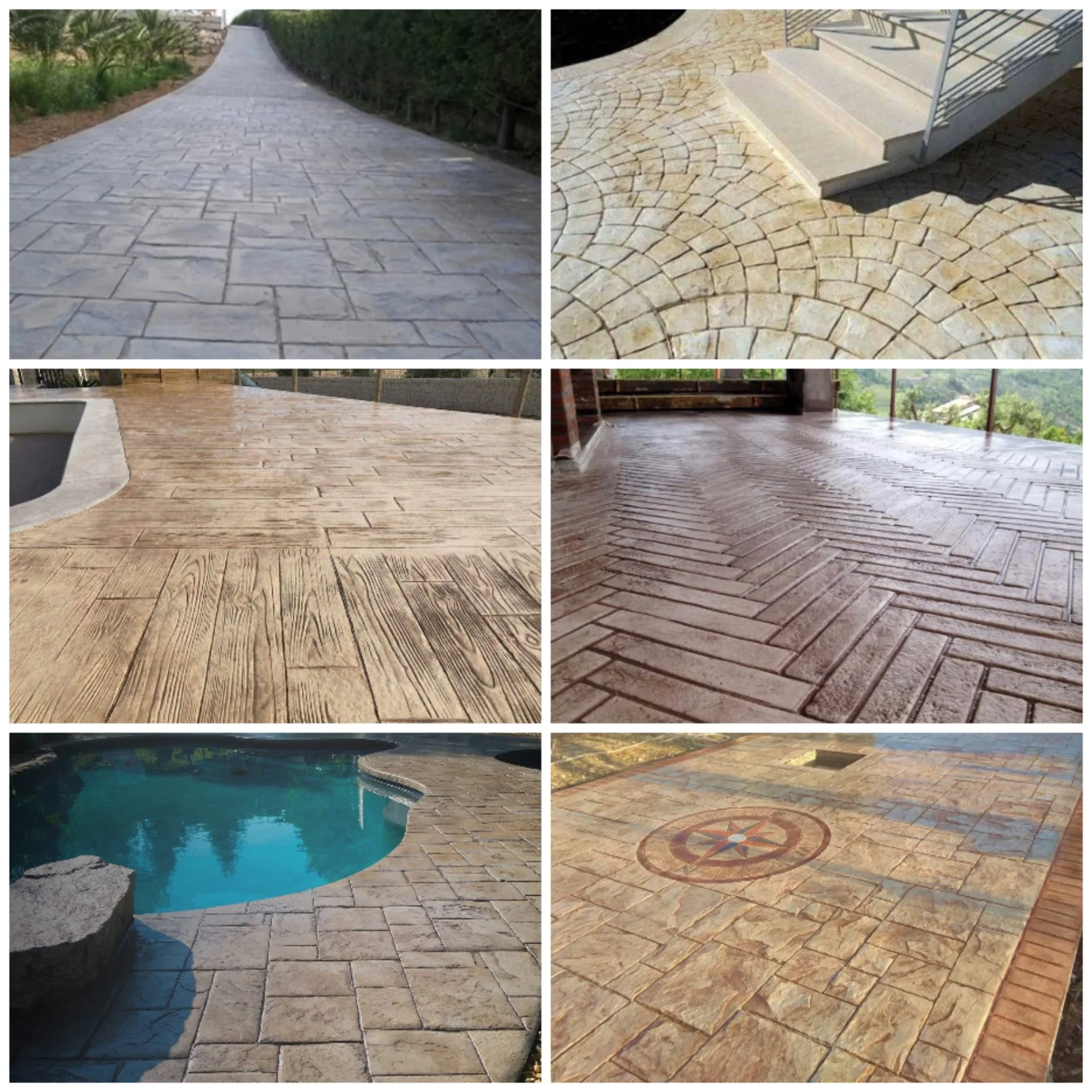 Collage di pavimenti in cemento stampato con diversi effetti pietra, texture e colori