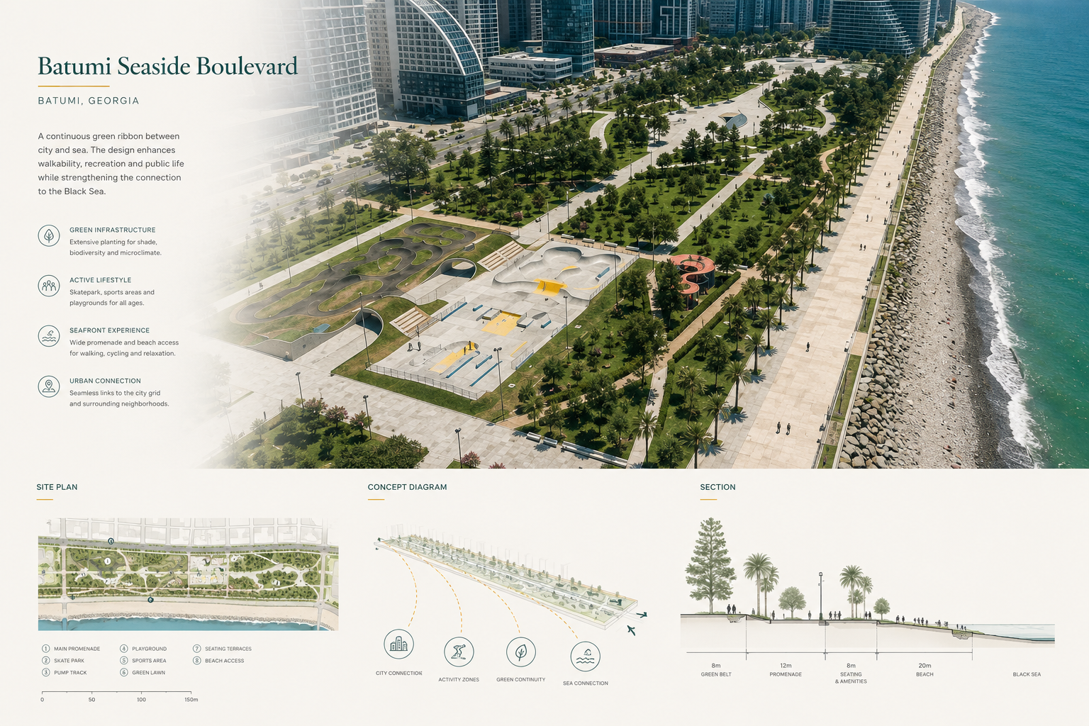 Aerial view of Batumi Seaside Boulevard with skatepark, green spaces, promenade, beach, and city buildings.