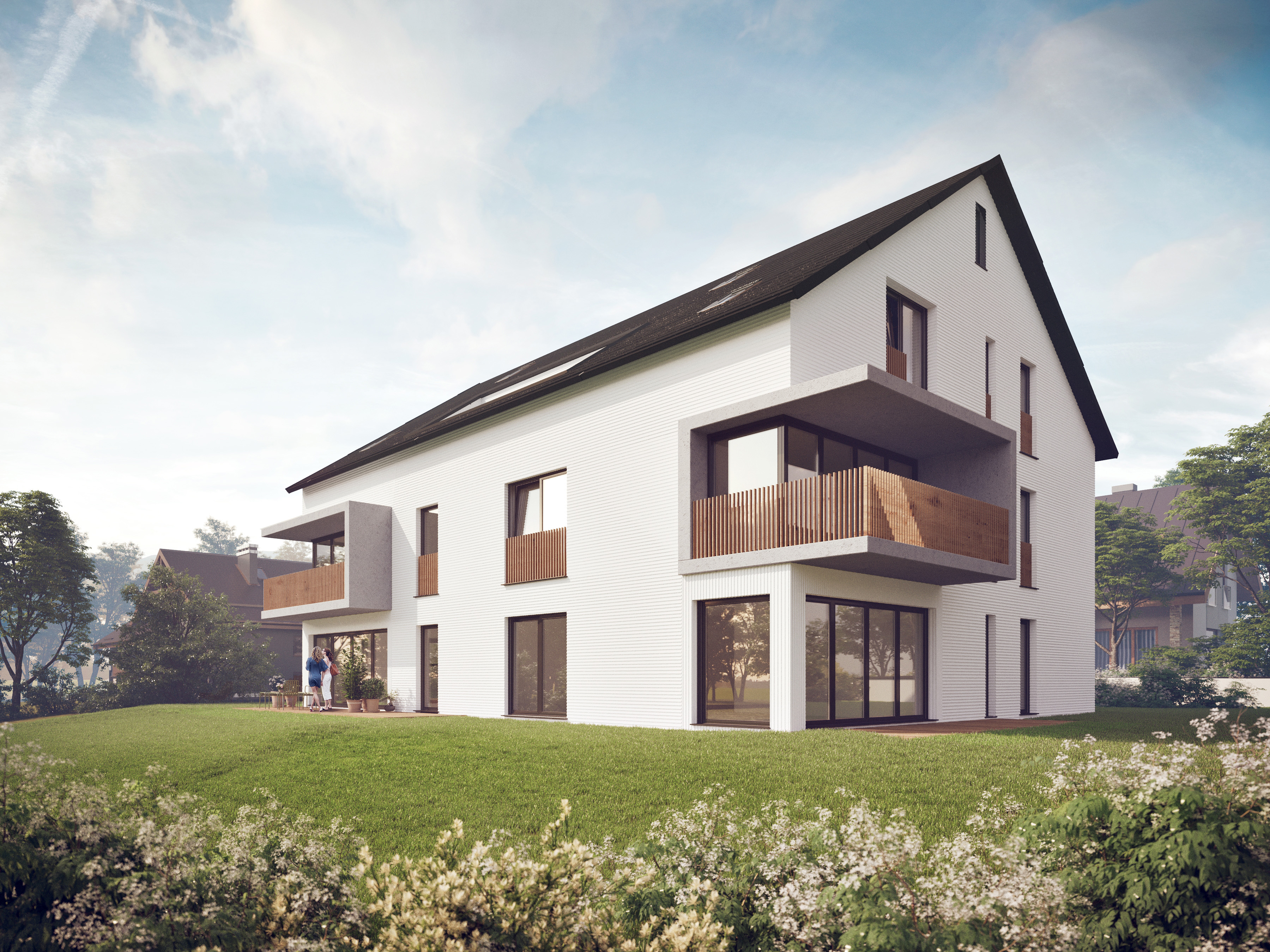 Modern white two-story house with large windows, balconies, and green lawn under a partly cloudy sky.